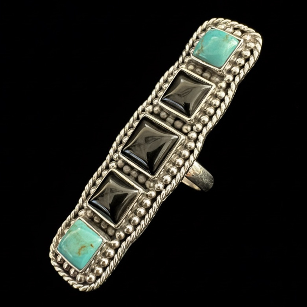 Sterling Silver and genuine, turquoise and Black onyx‎ stones Women's Ring